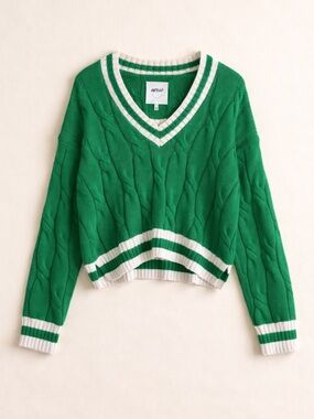 Aerie Green Cable Knit V-Neck Sweater Preppy Varsity Stripe Trim Cozy Cropped